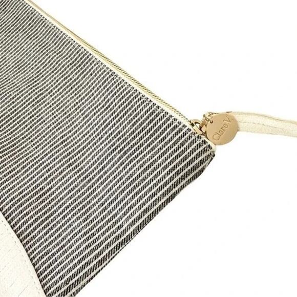 Clare V. Large Flat Black Gray Stripped Fabric & Ivory Leather Clutch - Picture 5 of 7